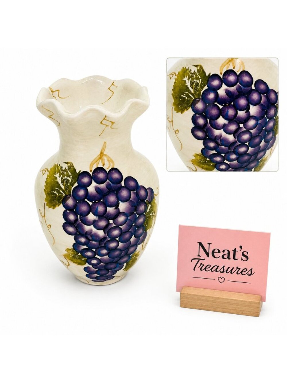 Tabletops CABERNET Rippled Hand Painted Purple Grapes 8"T Stoneware Flower Vase